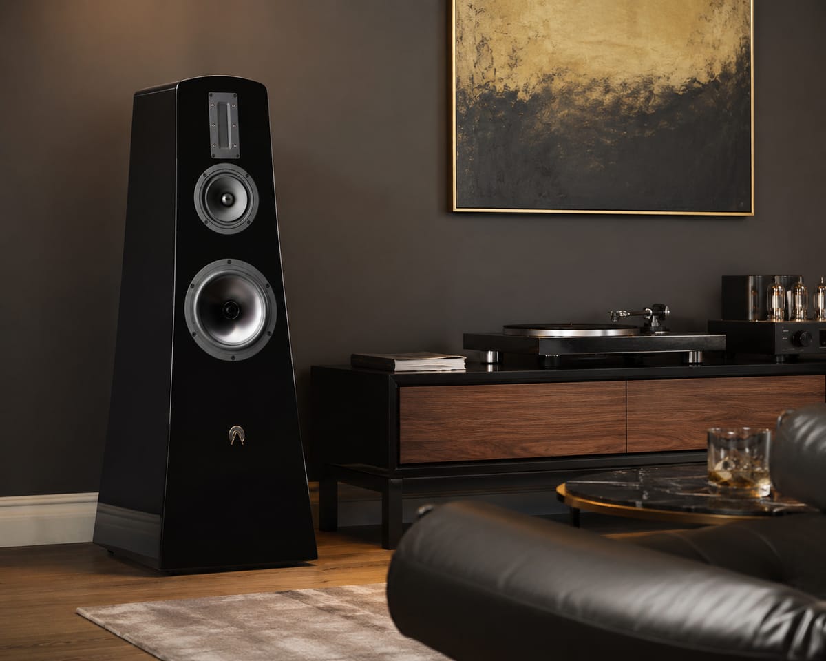 An Alta Audio Adam loudspeaker in a living room setting