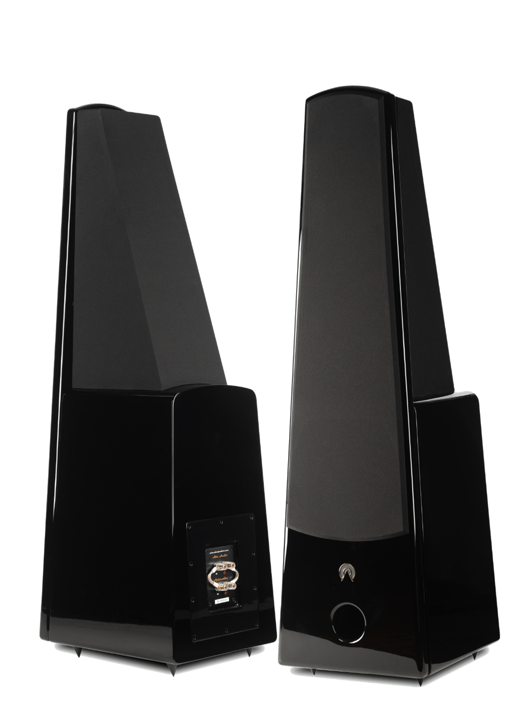 The Alta Audio Aphrodite, a tapered floor standing loudspeaker in high gloss black
