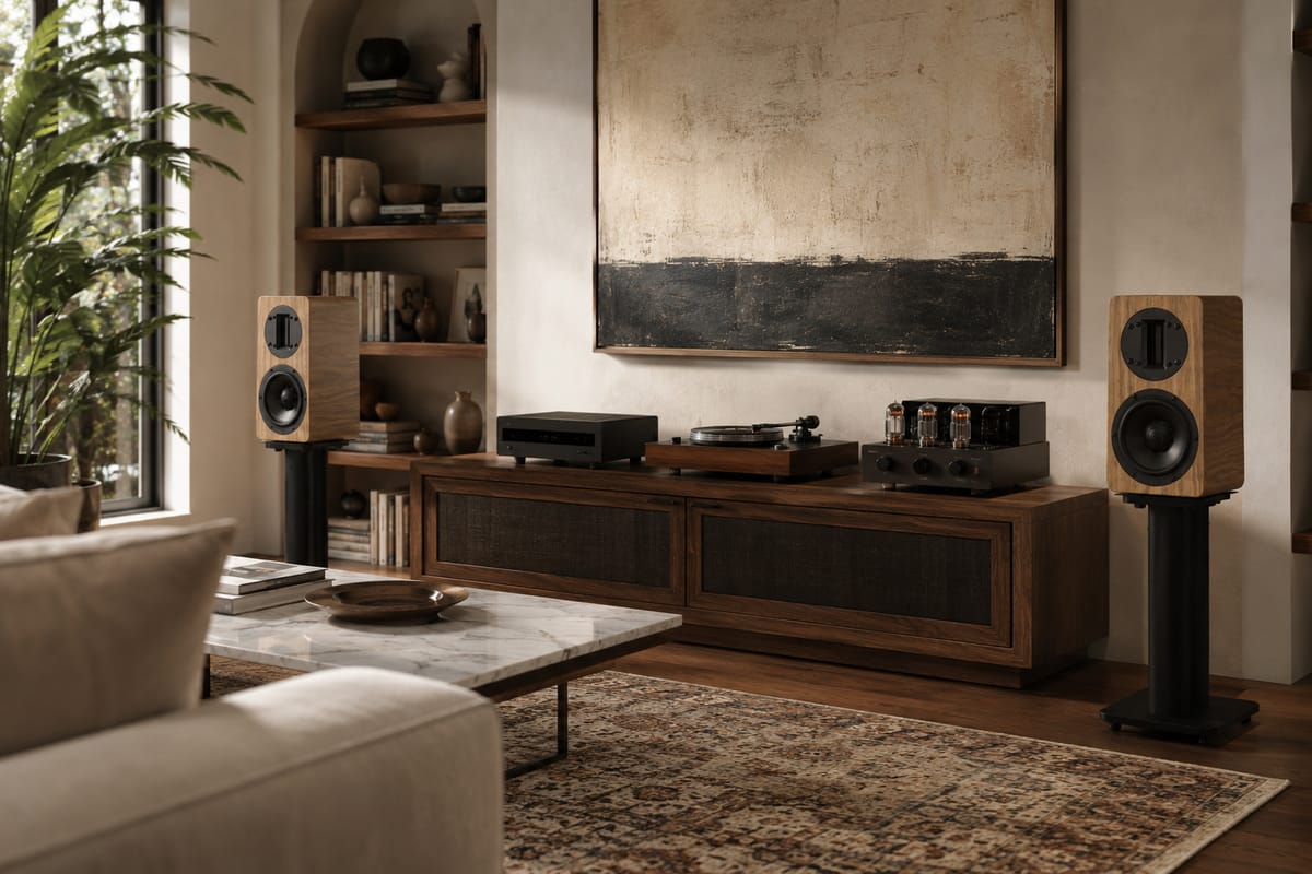 A pair of Alta Audio Geo Mark II loudspeakers on stands either side of a sideboard carrying a turntable and a tube amplifier, in a living room