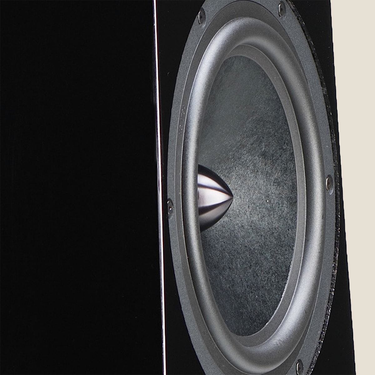Macro view of an Alta Audio woofer with a solid aluminum phase plug