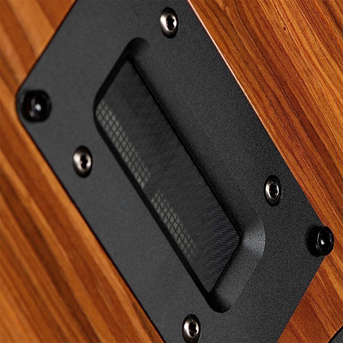 Macro view of an Alta Audio pure aluminum ribbon tweeter set into a wood cabinet
