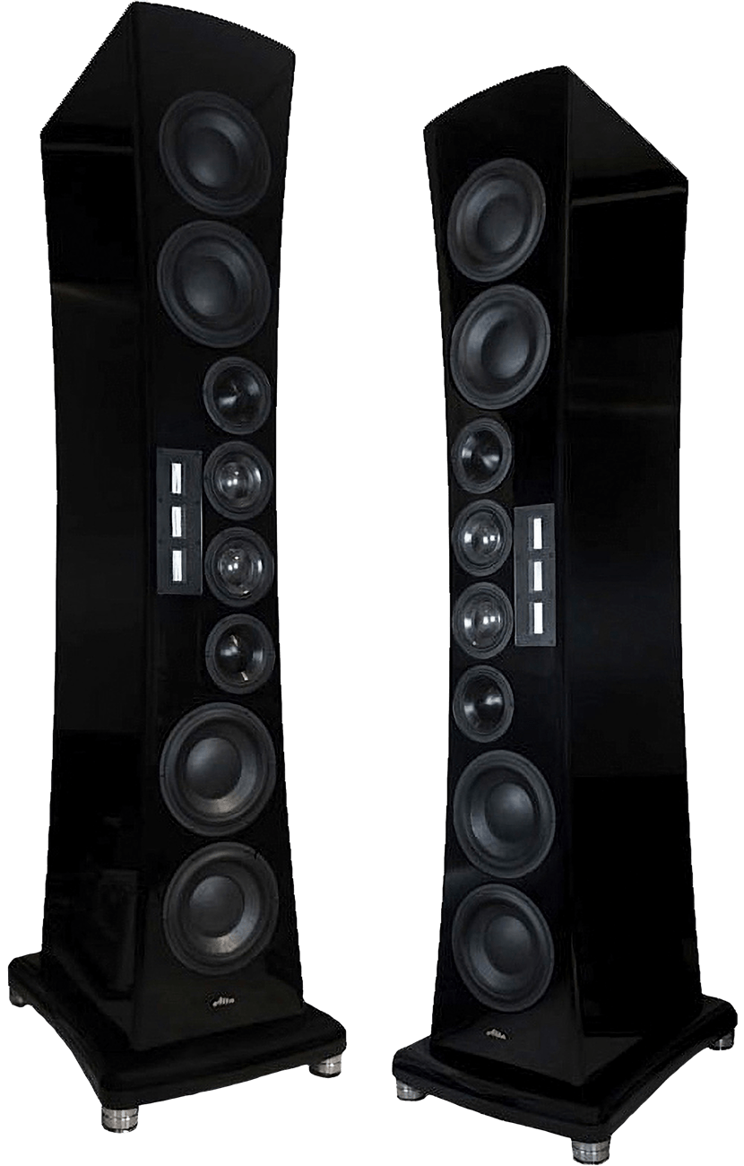 The Alta Audio Reference Tower, an eleven driver loudspeaker in high gloss black